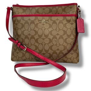 Coach Signature File Pink Brown & Tan Canvas and Leather Crossbody Bag